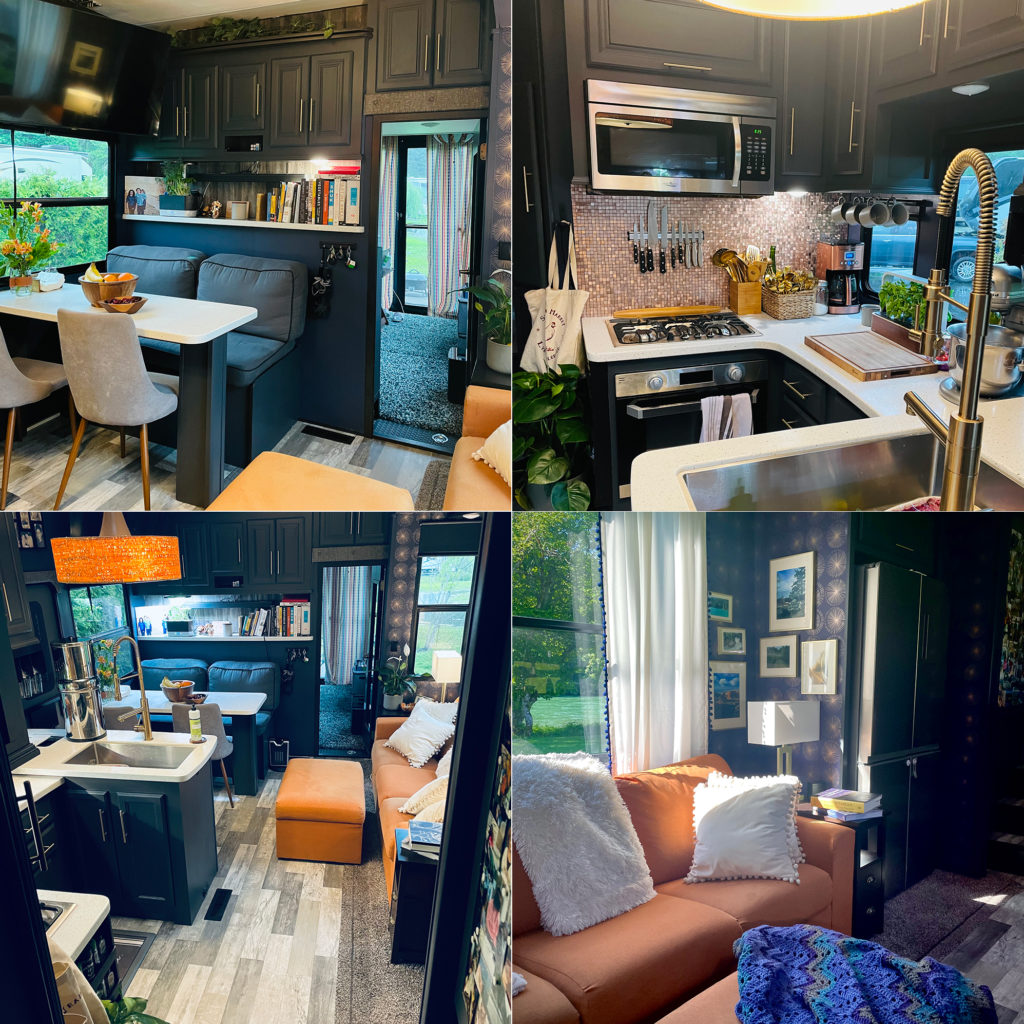 Four photos showing the living, kitchen and dining areas of our 5th wheel RV. 