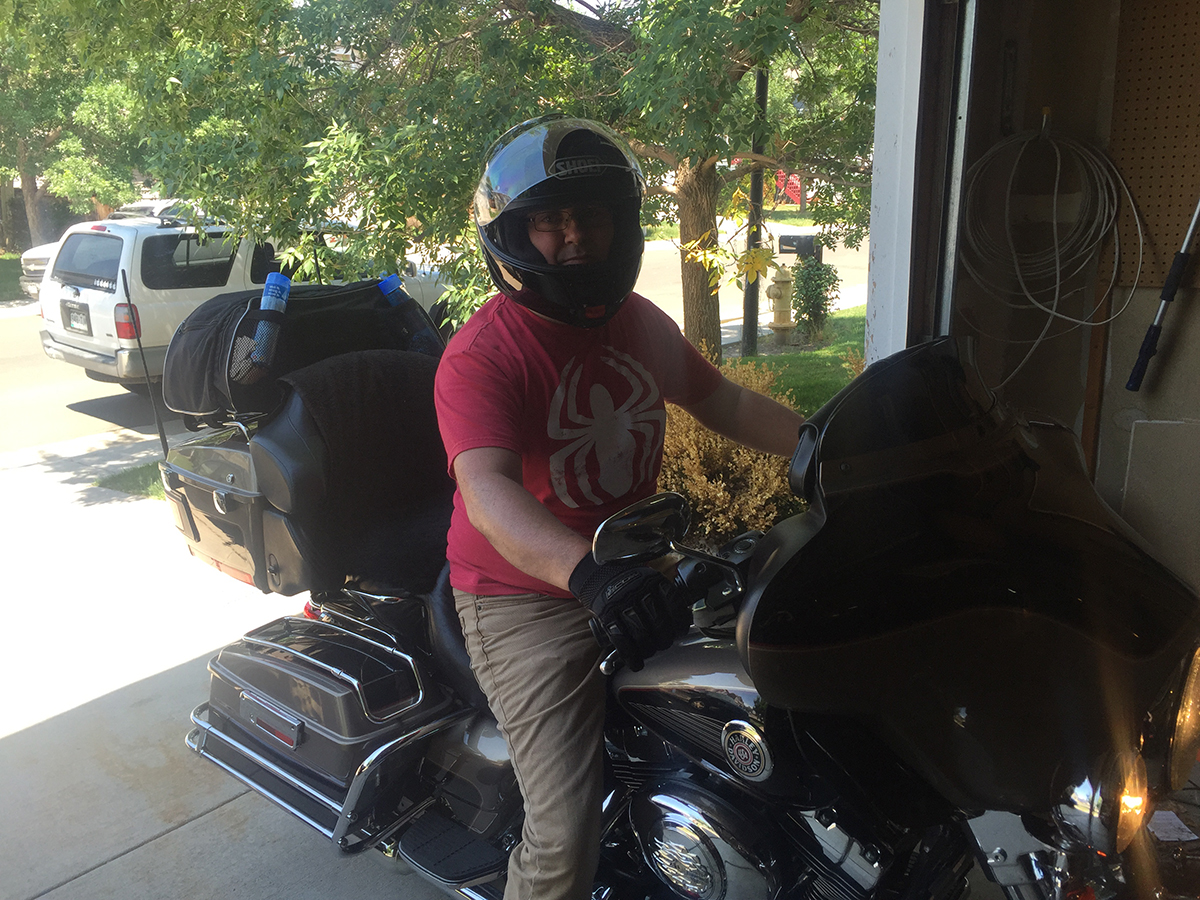 Steve on our motorcycle in July of 2015 as we left on a motorcycle trip from Colorado to California.