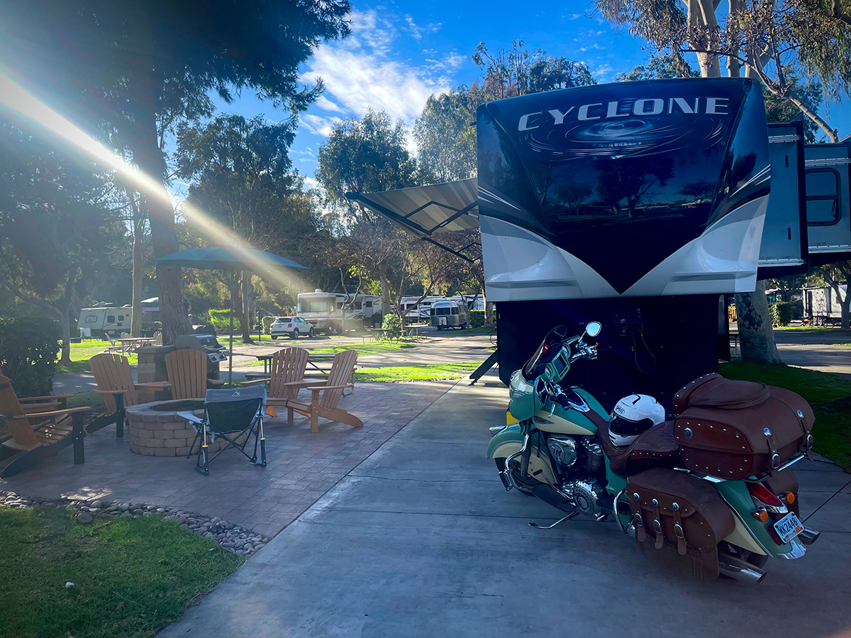 Our 5th wheel RV and Indian motorcycle parked at the San Diego KOA in January.