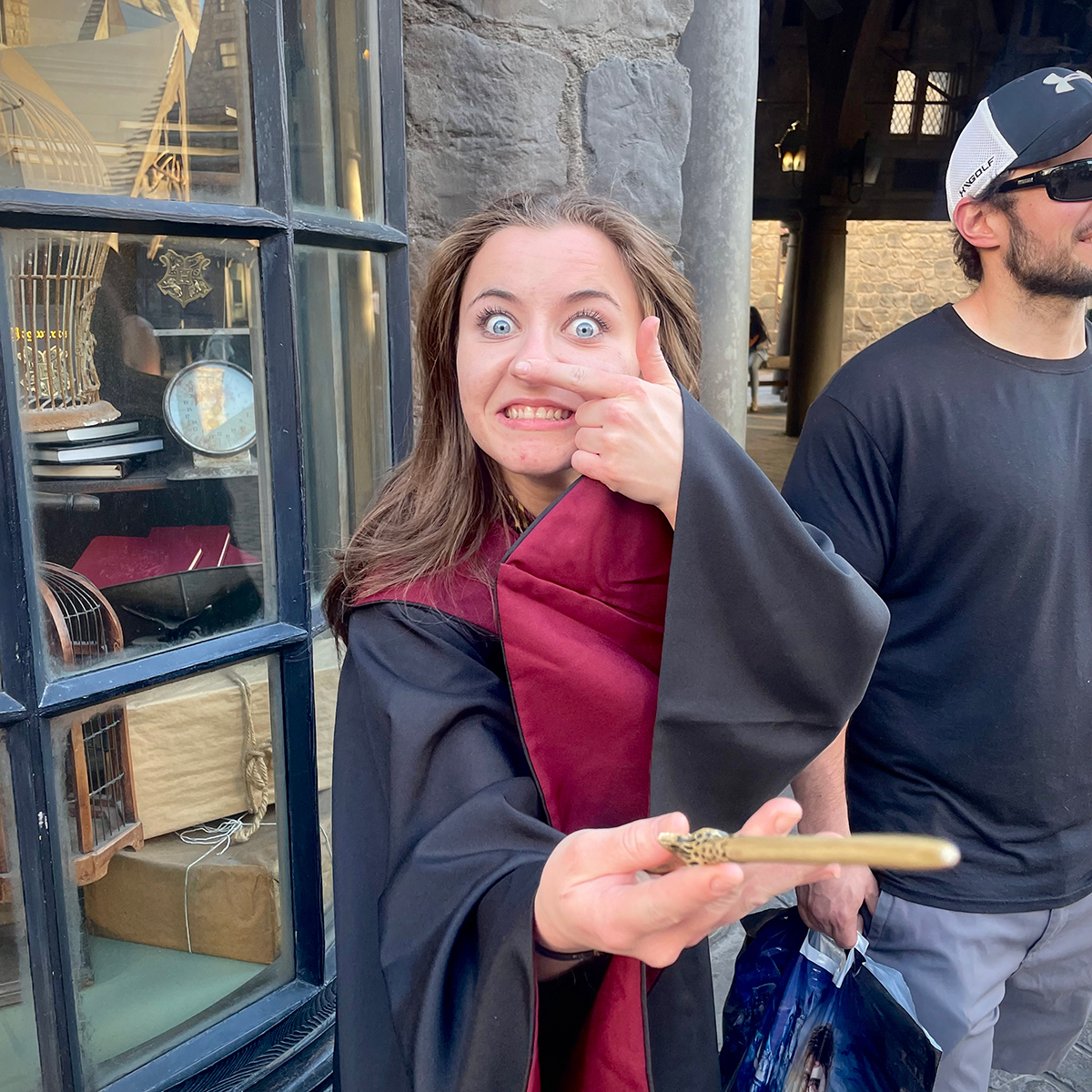 Annie with a Harry Potter wand in Universal Studios, Hollywood.