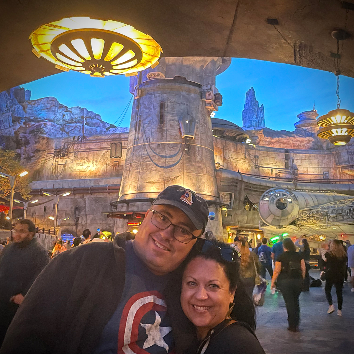 Steve and Rebecca Blackwell at Galaxy's Edge, the Star Wars exhibit in Disneyland, California.