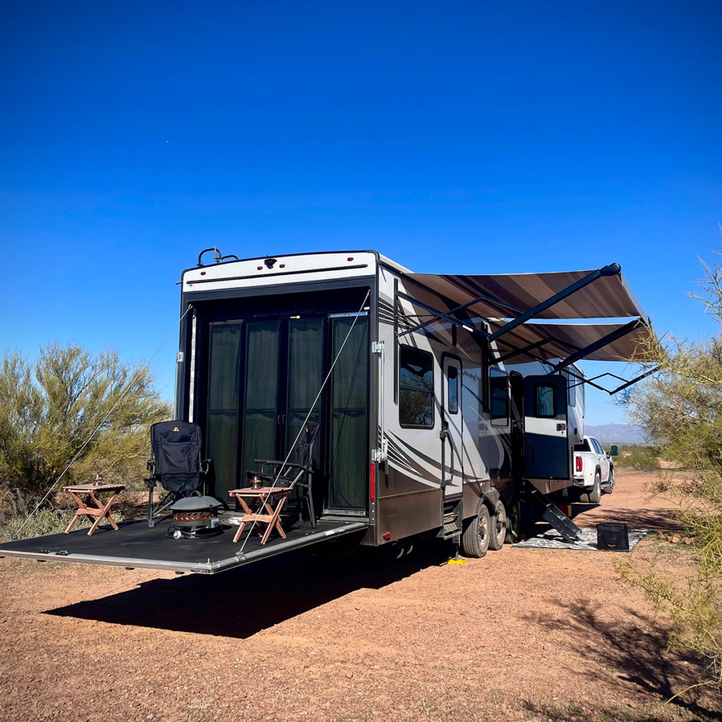 Our 5th Wheel RV parked in Ironwood Forest National Monument.
