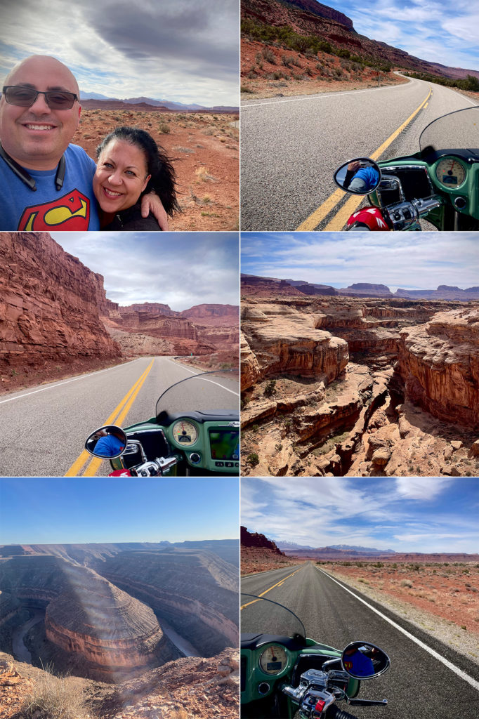 Six photos showing scenes from a motorcycle ride through southeast Utah.