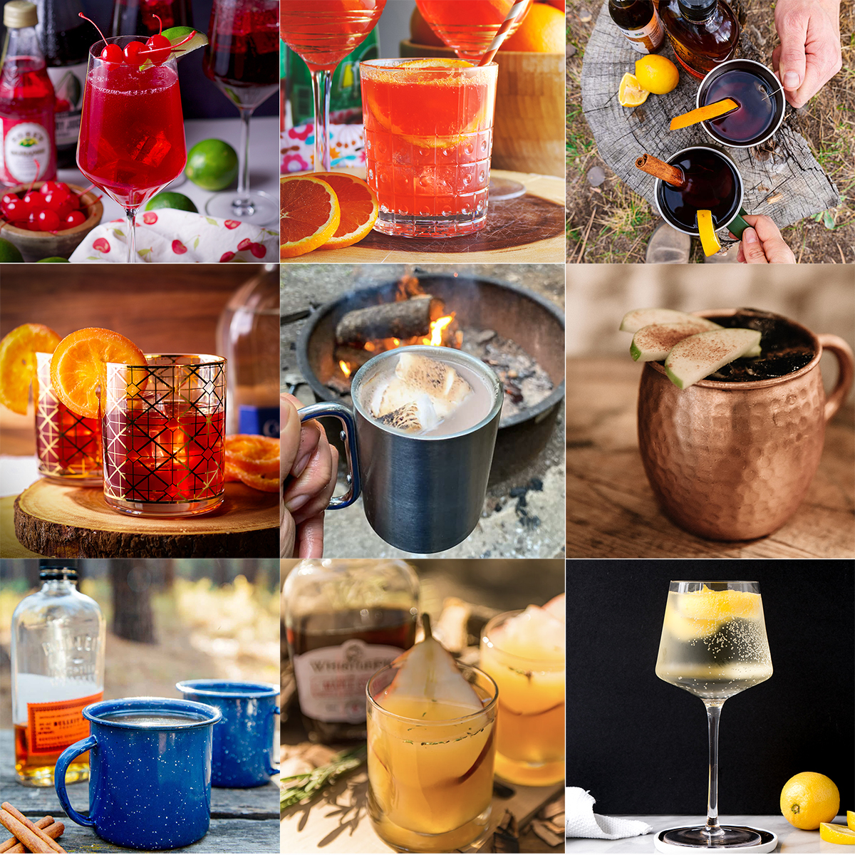 A collage of 9 photos showing different kinds of cocktails that are great for camping.
