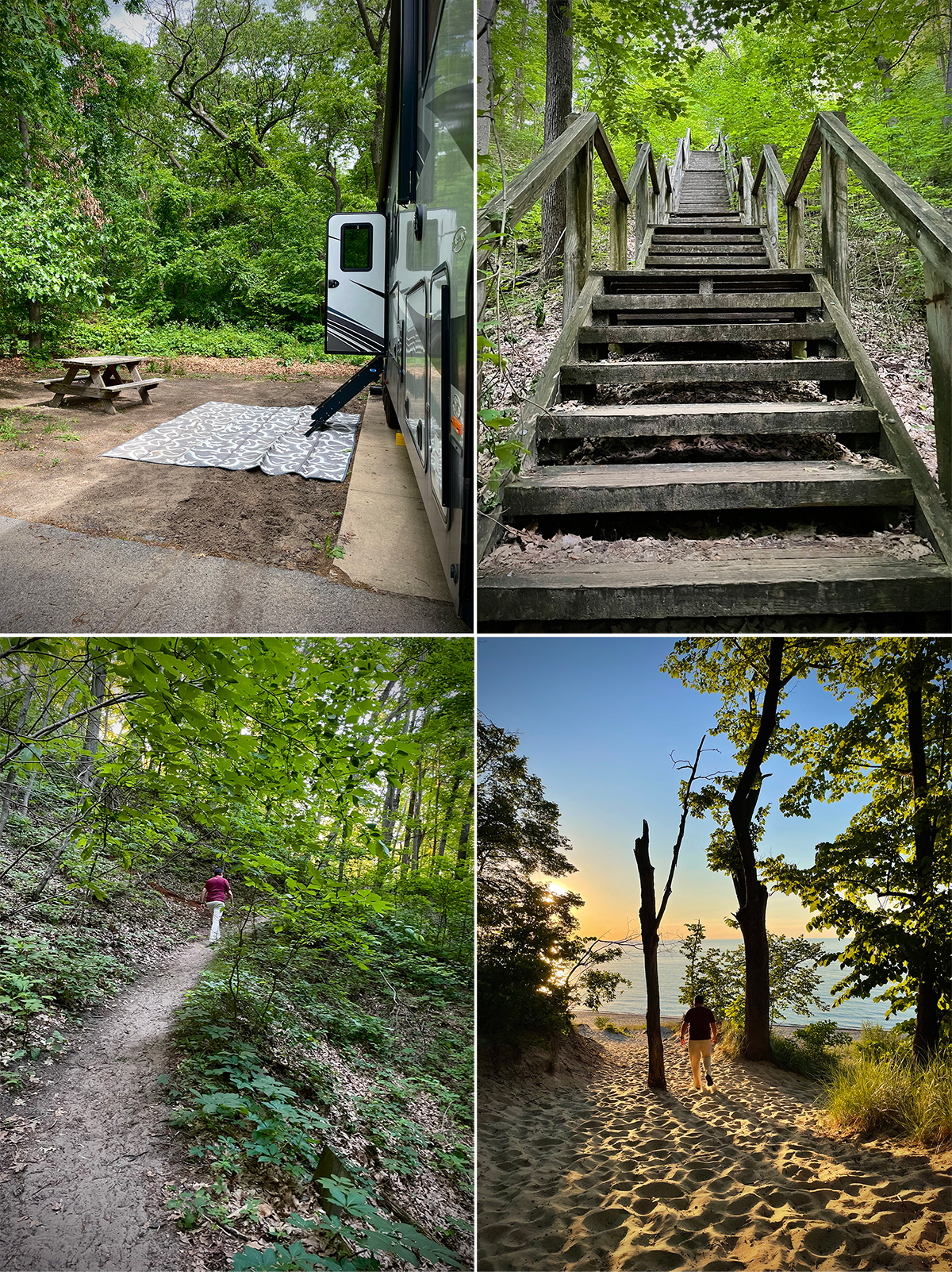 Four photos showing the path from Indiana Dunes State Campground to the beach of Lake Michigan.