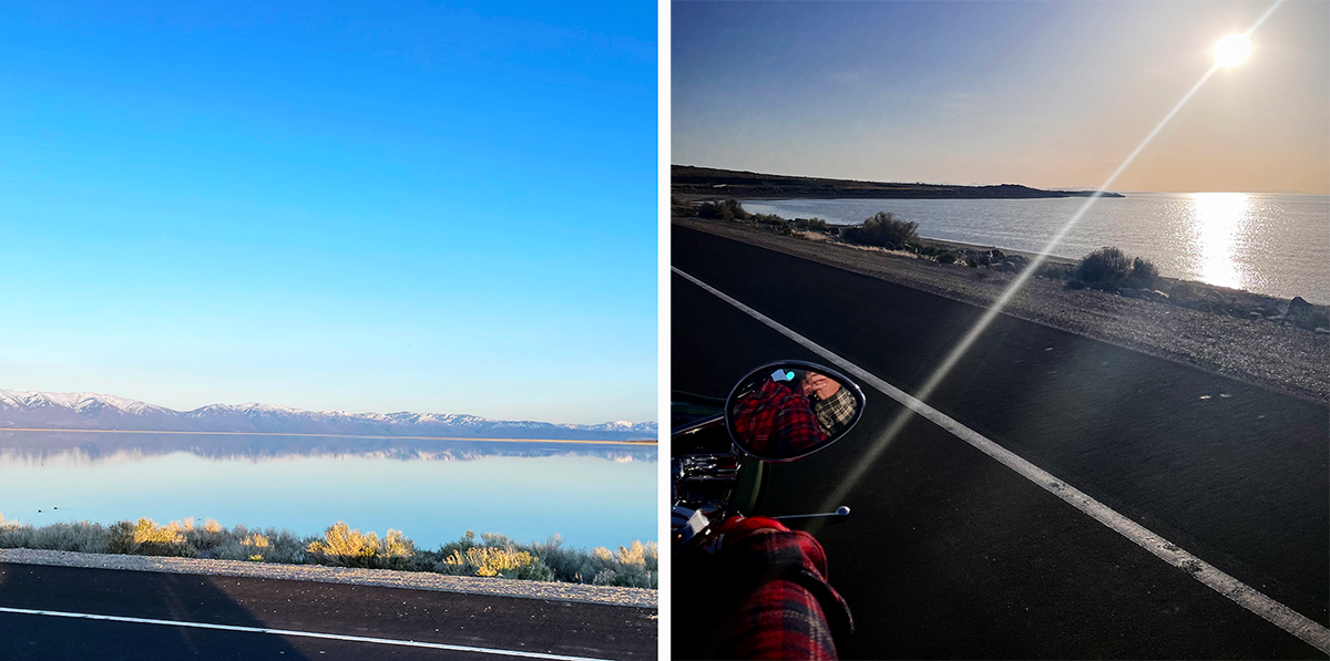 Two photos showing the road heading into Antelope Island in 2021.