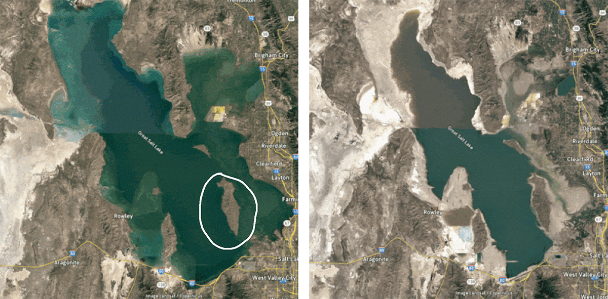 Satellite photos showing Antelope Island in 1986 and in 2016.