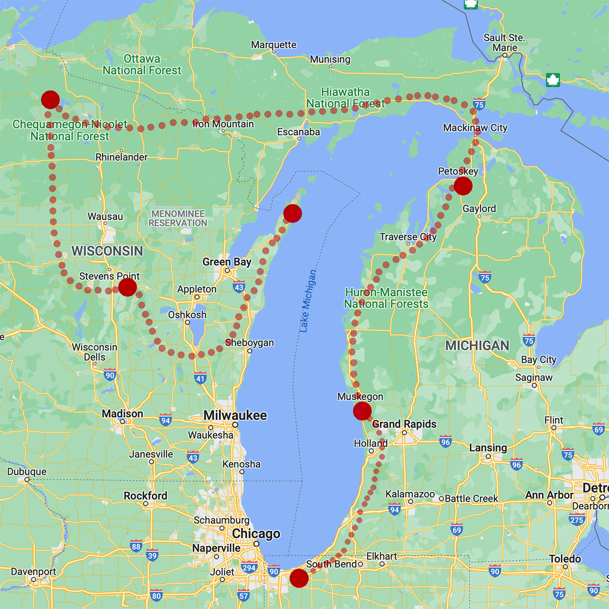 A map showing our journey around Lake Michigan.