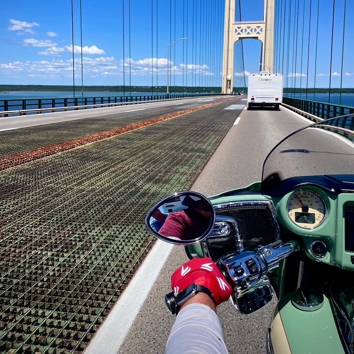 A photo taken from the back of our motorcycle while driving over the bridge that links Michigan's lower and upper peninsula.