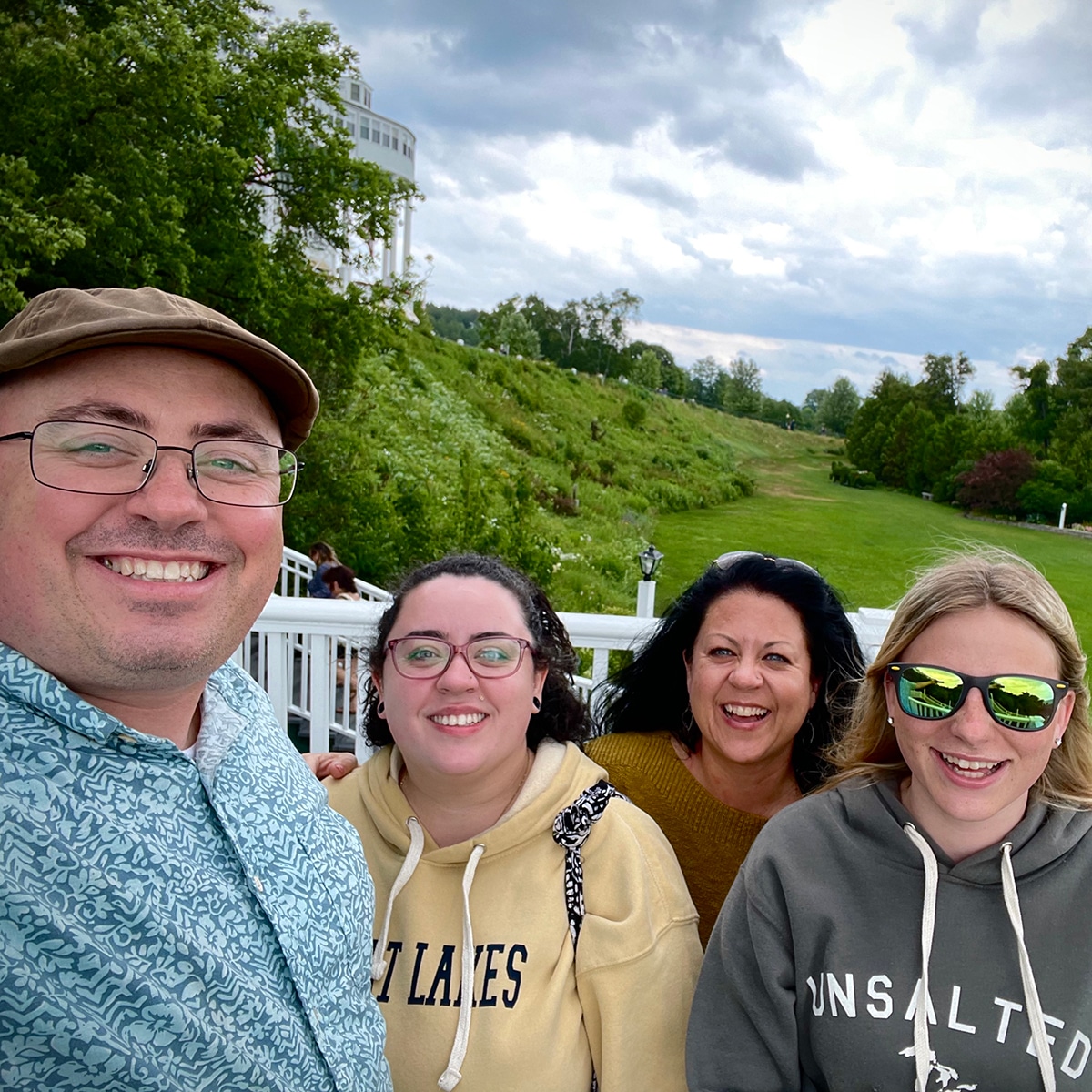 Steve and I with our daughter and niece on the deck of the Grand Hotel on Mackinac Island.