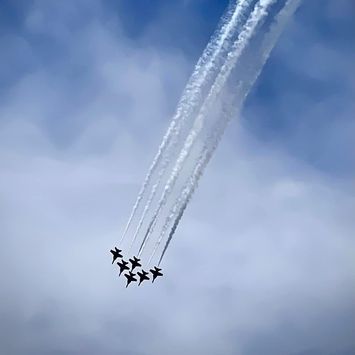 Six Blue Angel airplanes in the air during an air show at the 2022 Traverse City Cherry Festival.