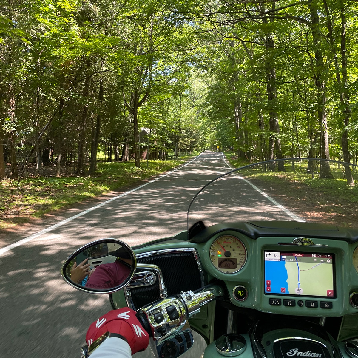 A photo taken from the back of our motorcycle as we rode through Michigan's Tunnel of Trees.