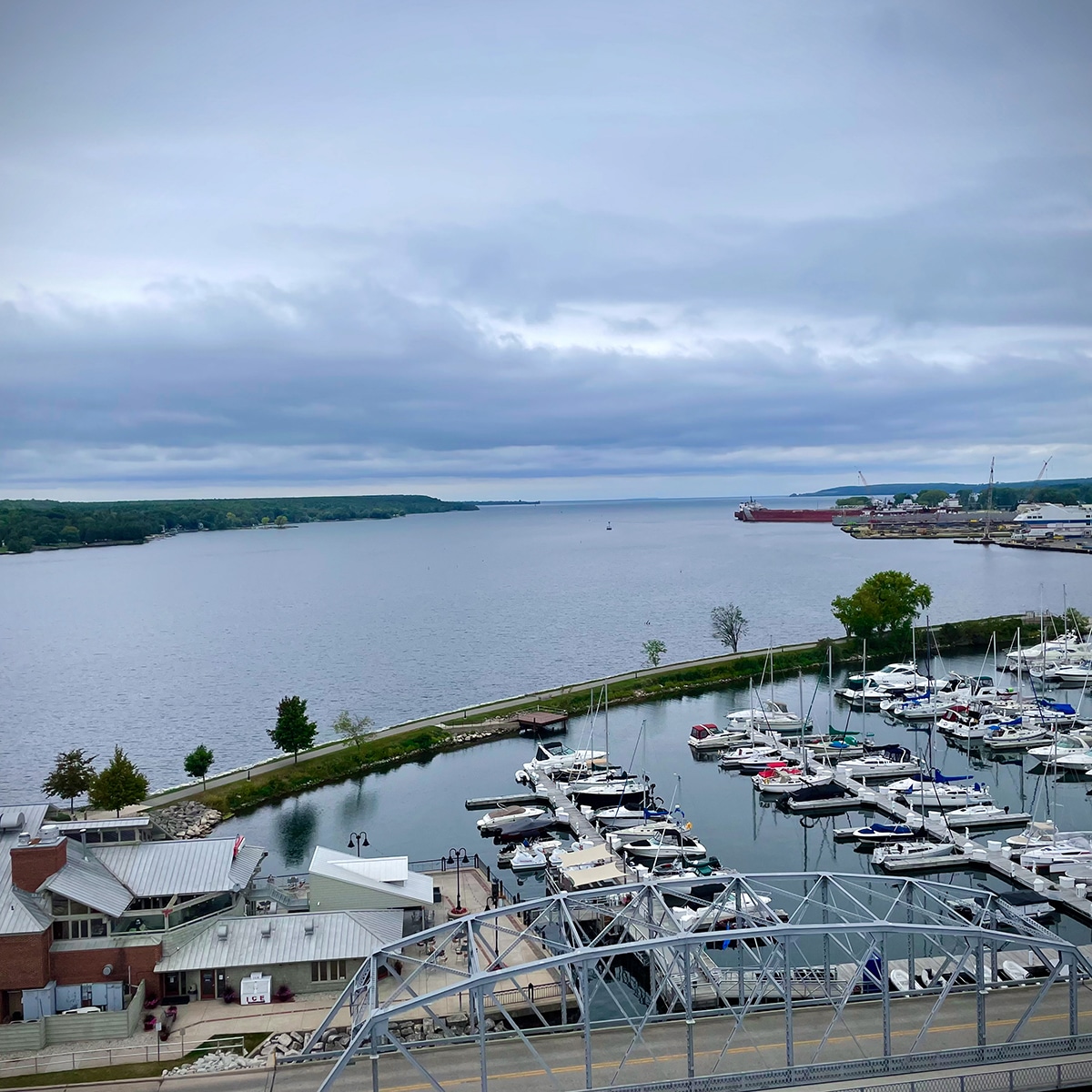 Looking out across the water from the top of the Door County Maritime Museum tower.