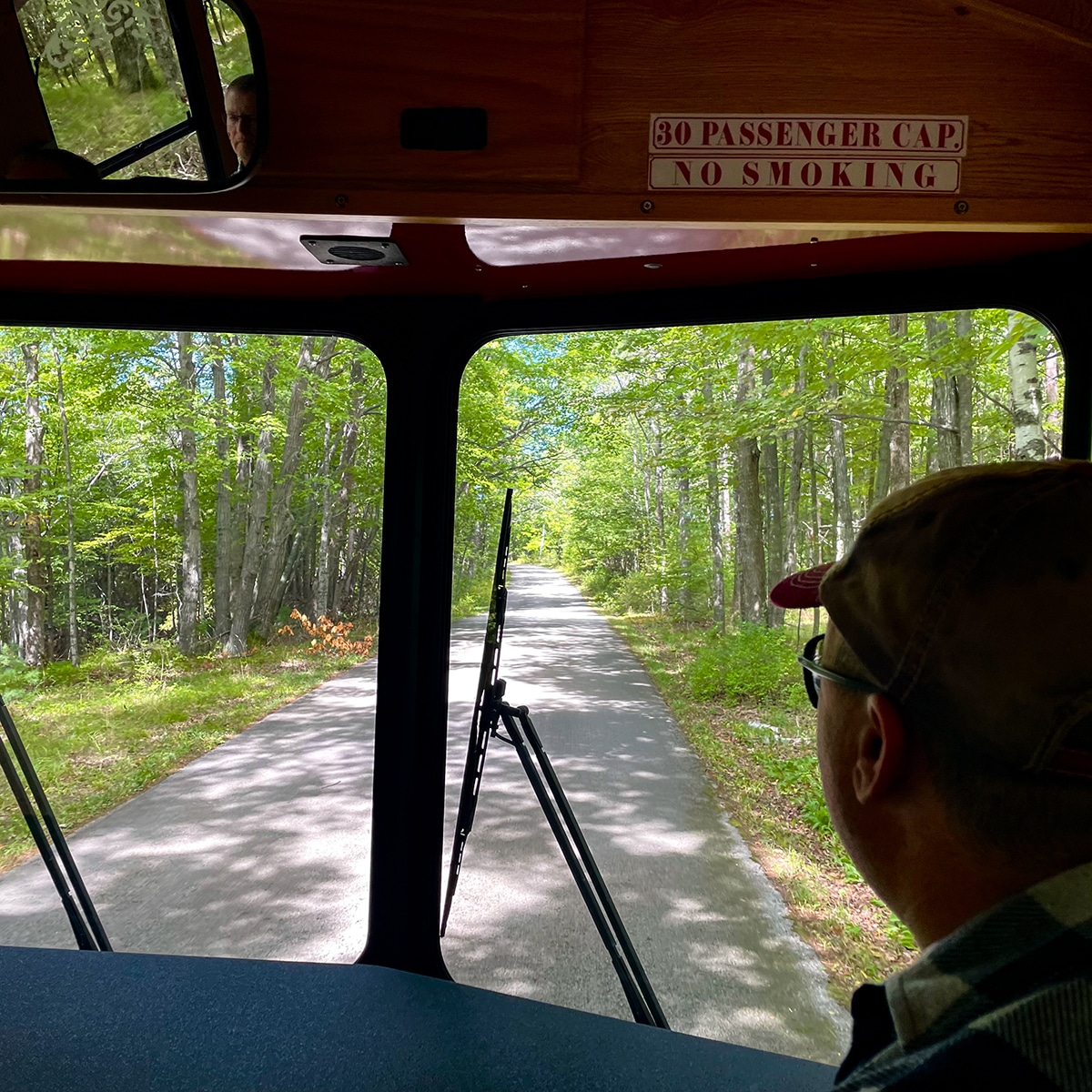 Looking out the front window of our trolly while on the Door County trolly tour.