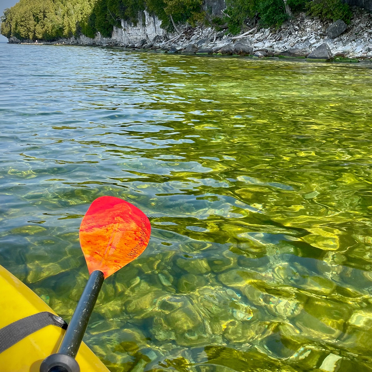 Kayaking in Green Bay where you can see how green the water is.