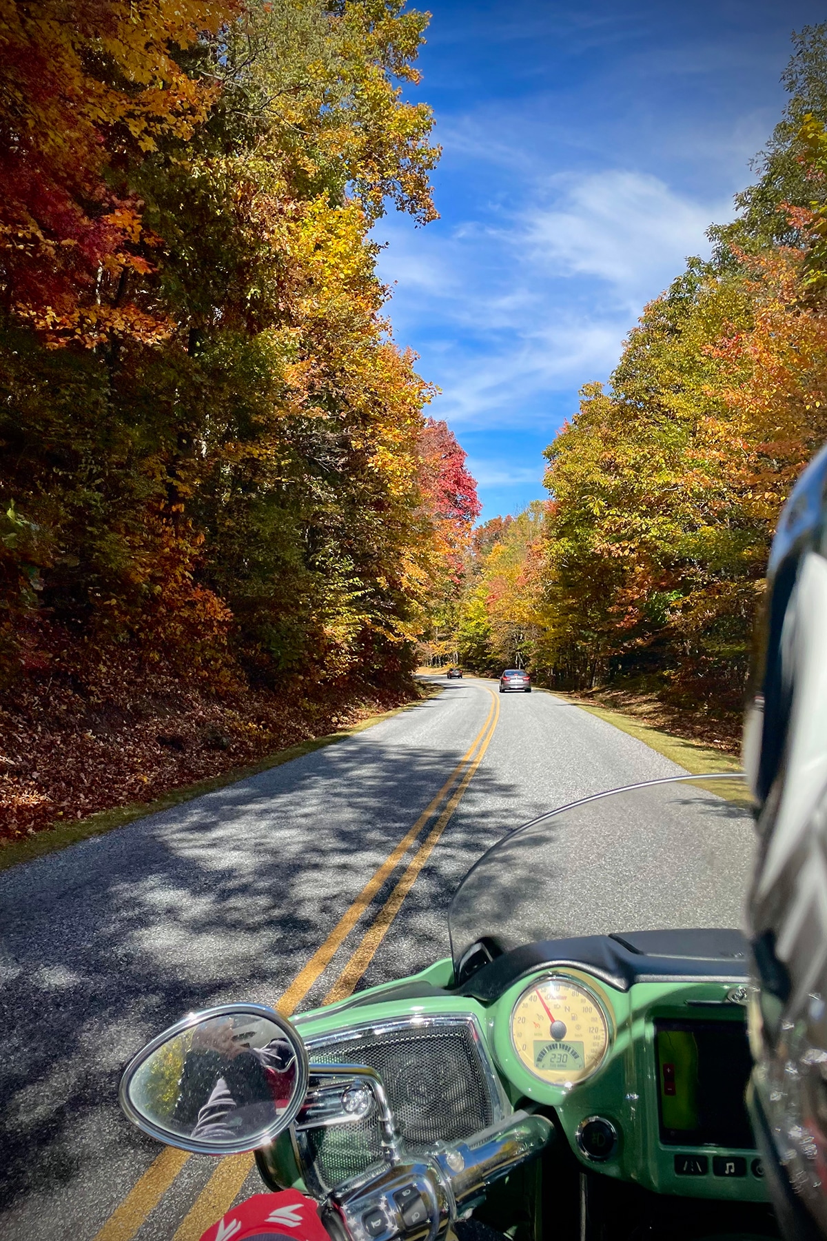 A stretch of the Blue Ridge Parkway in North Carolina during October that shows the leaves changing.