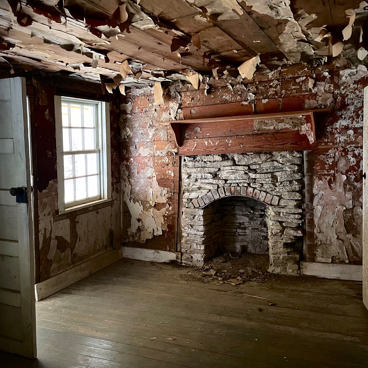 Inside the living room area of an old house in the Cataloochee valley that was built in the late 1800s.