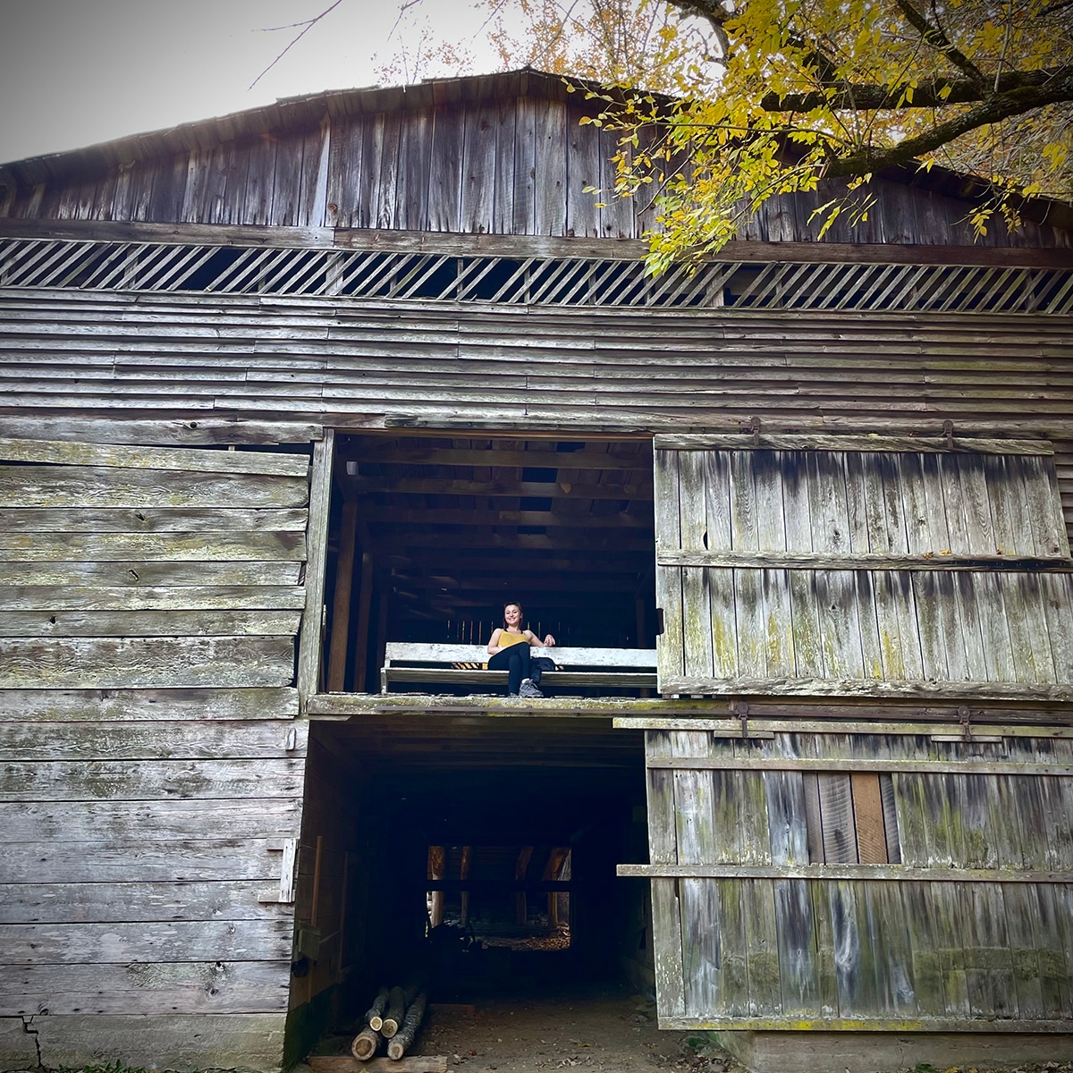 Annie sitting on the top floor of an old barn in the Cataloochee Valley. 