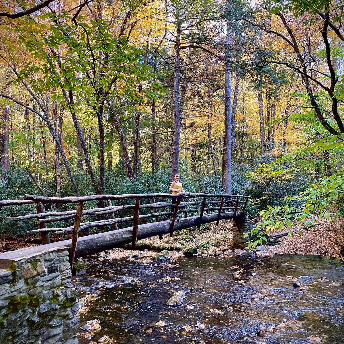 Annie standing on a narrow log bridge built over a river in the Cataloochee Valley in the Great Smokey Mountains National Park.