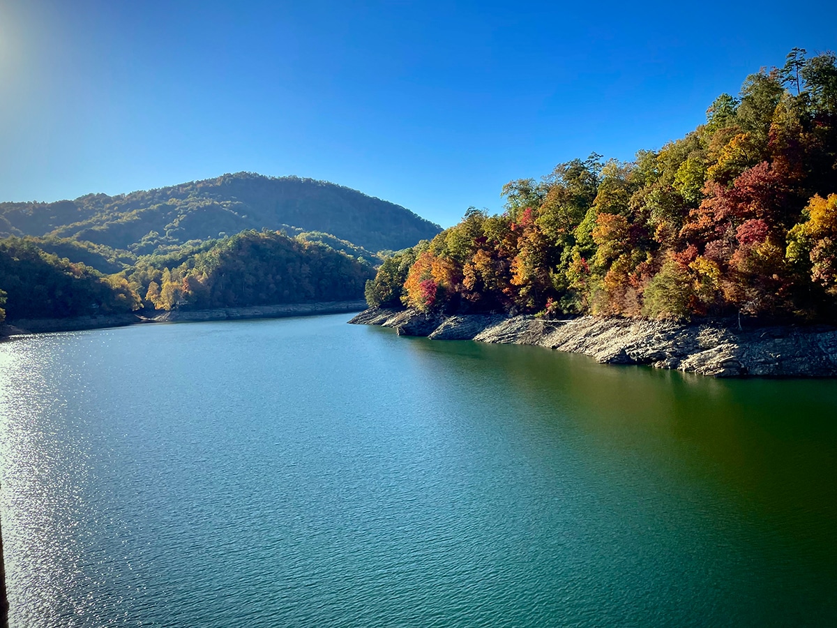 Fontana Lake, North Carolina, in October when the leaves are changing.