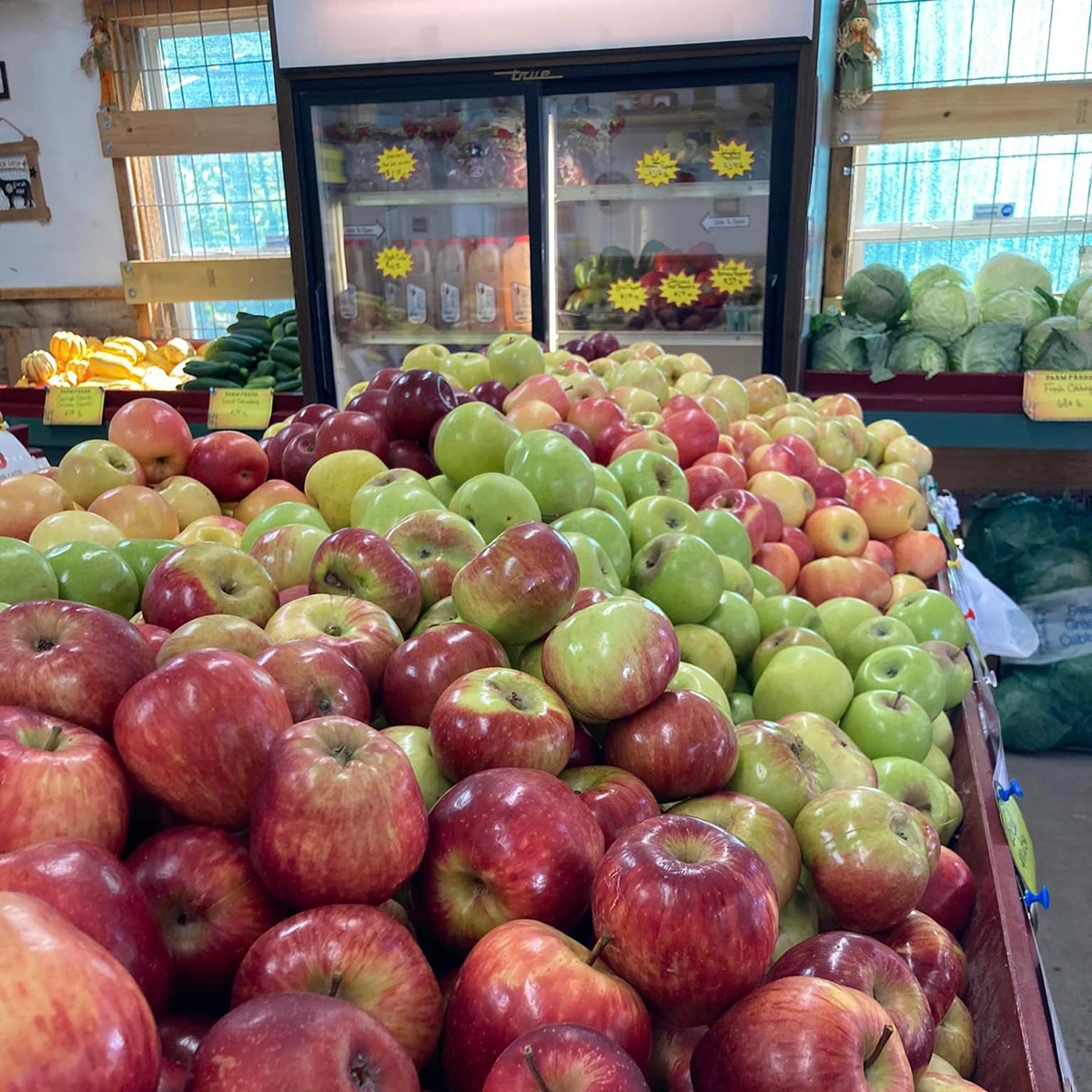 Piles of apples and other fresh produce inside Jimmy's Produce in Bryson City, North Carolina.