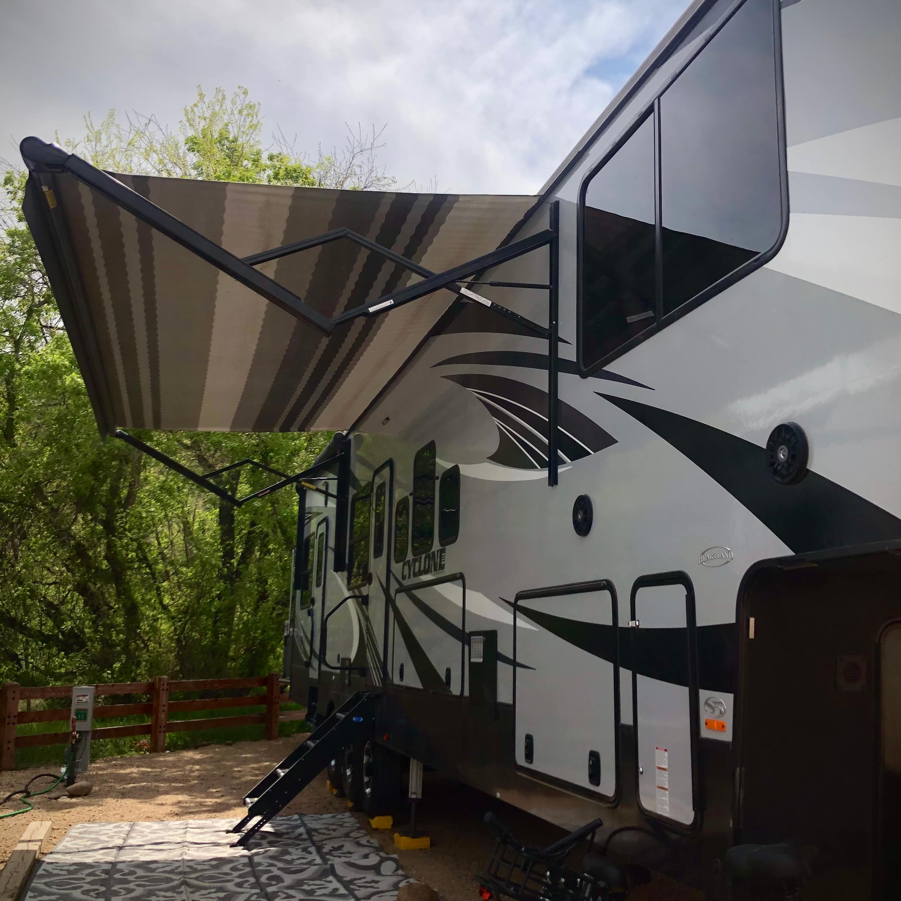 Our 5th wheel RV parked at Lavern M Johnson Park in Lyons, Colorado.
