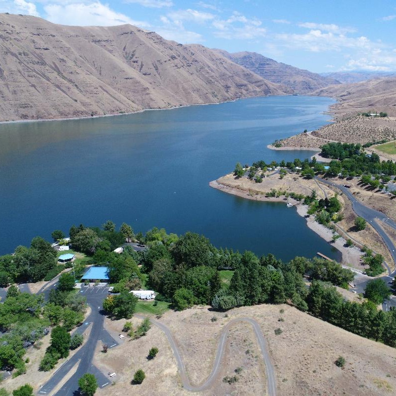 A drone photo looking out over Woodhead Recreation Area along the Snake River in Idaho.