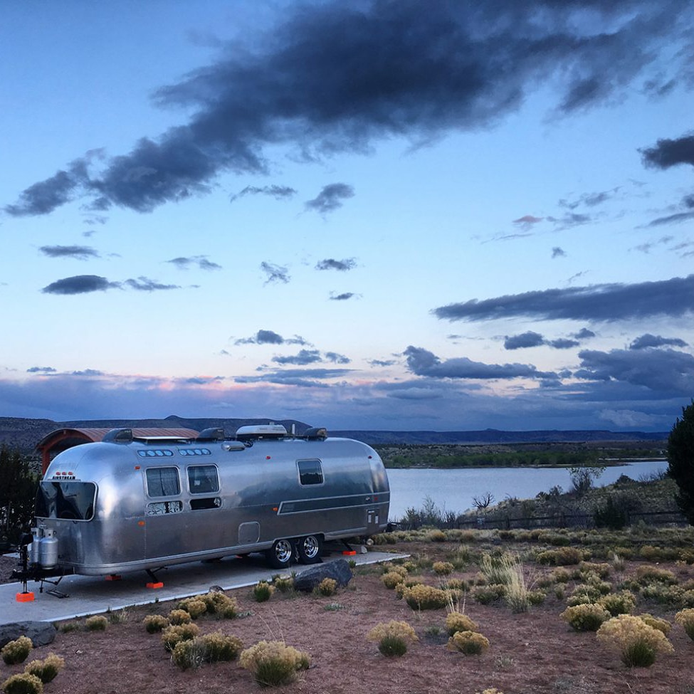 An airstream camper parked at Cochiti Campground in New Mexico.