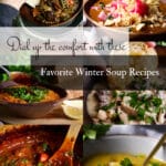 Six photos of different winter soup recipes.