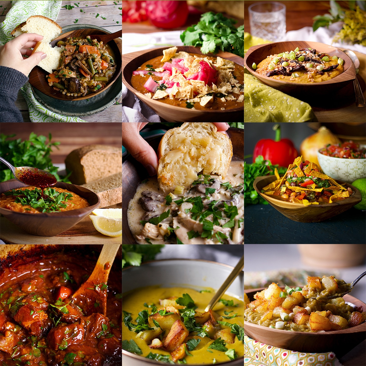 A collage of 9 different kinds of soup from this list of favorite winter soup recipes.