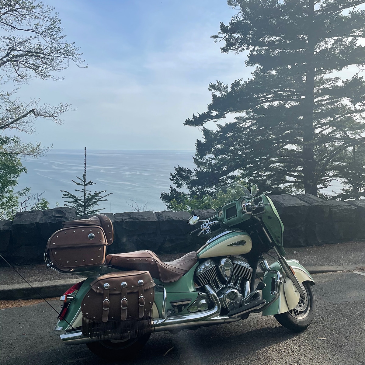 Our Indian Motorcycle parked on the Oregon Coast near Nehalem Bay State Park.