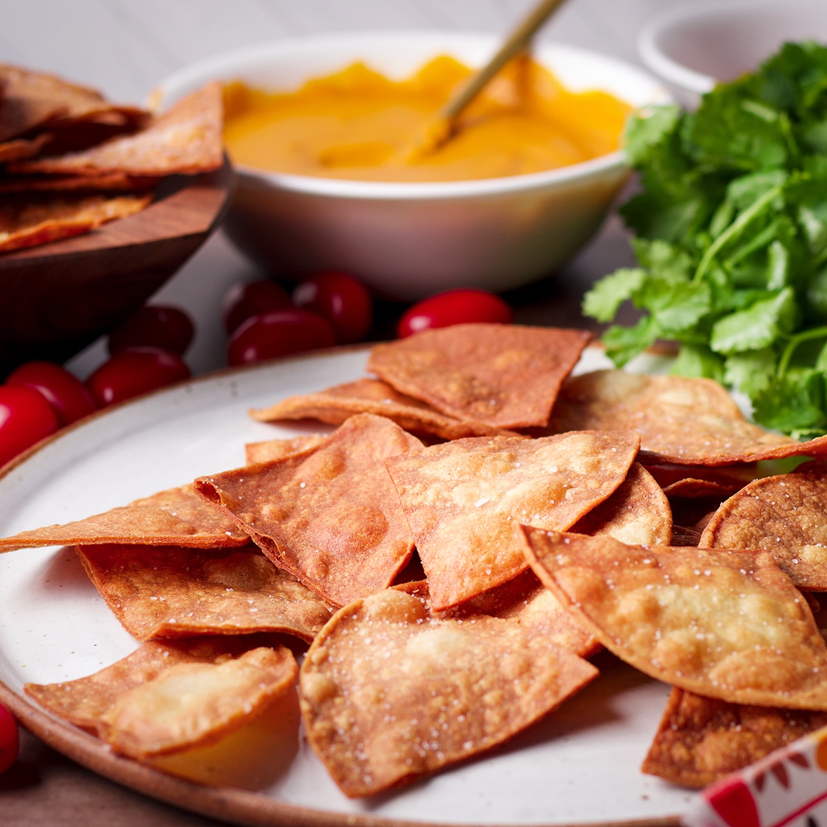 A plate filled with freshly baked homemade tortilla chips.