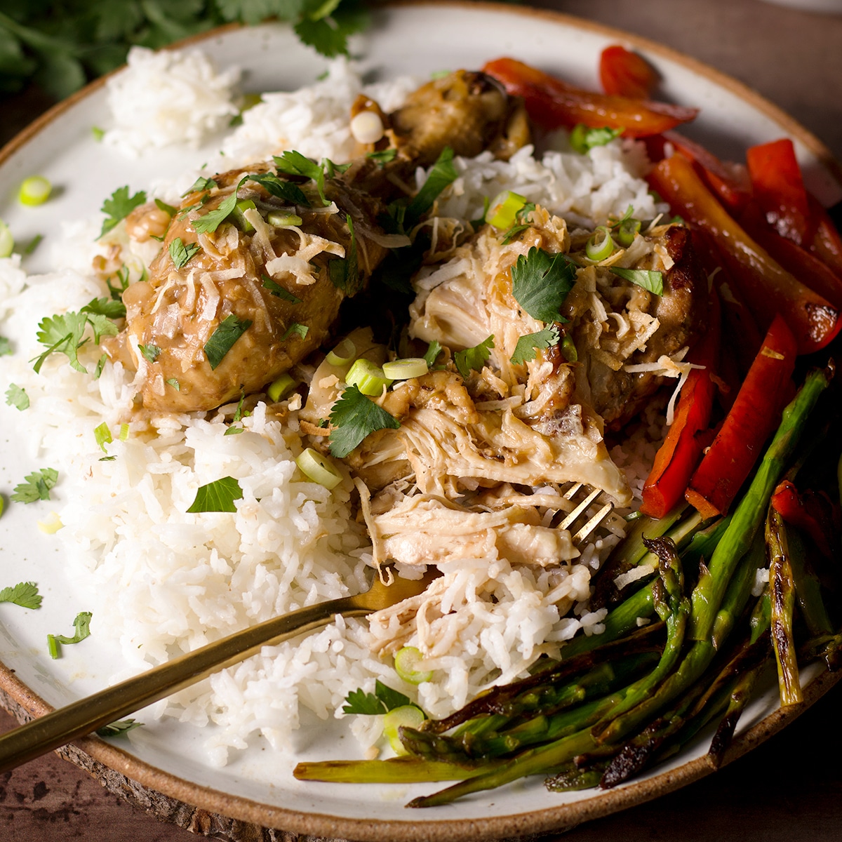 Someone using a fork to cut a bite of coconut chicken adobo served with rice and vegetables.