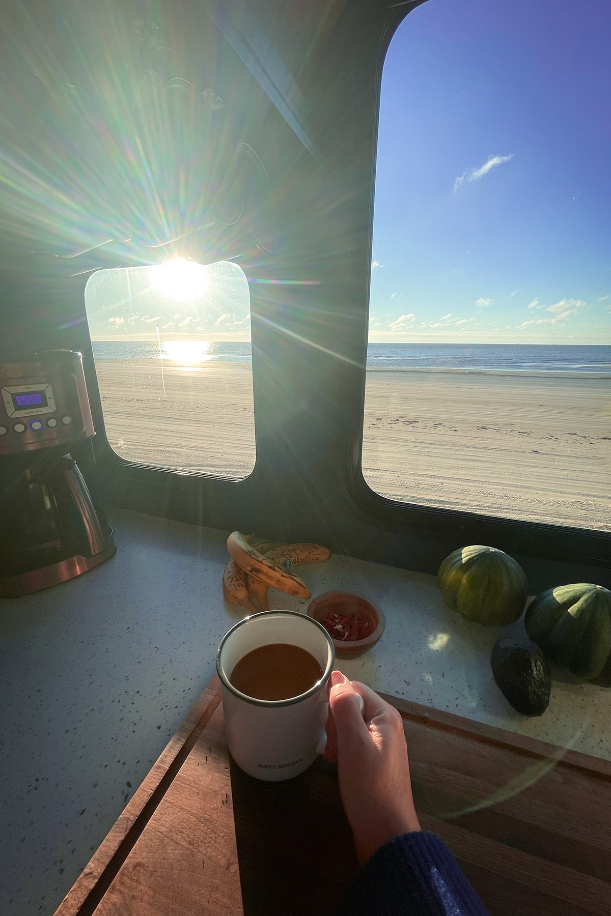 Looking out the kitchen window of my 5th wheel RV at Crystal Beach in Texas.