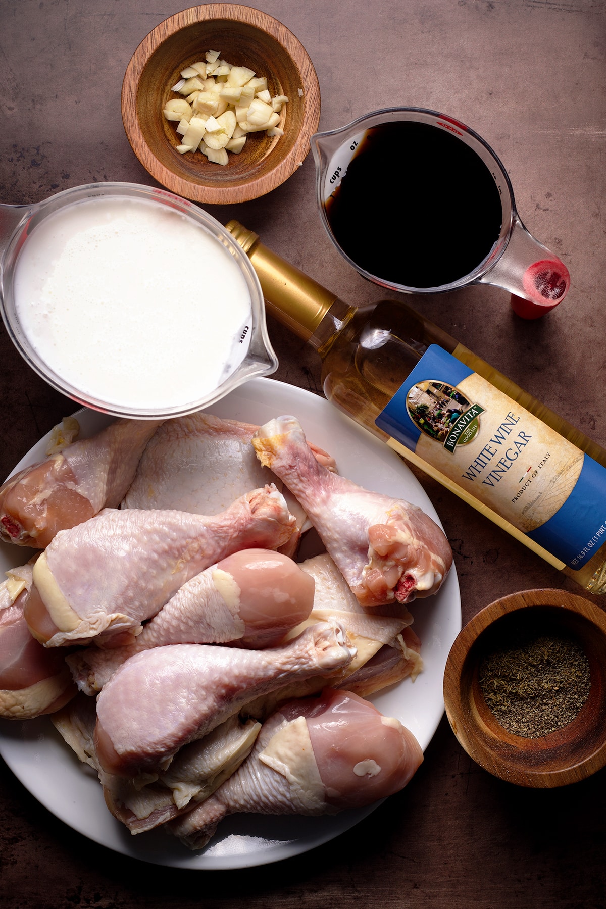 All the ingredients you need to make coconut milk adobo chicken.