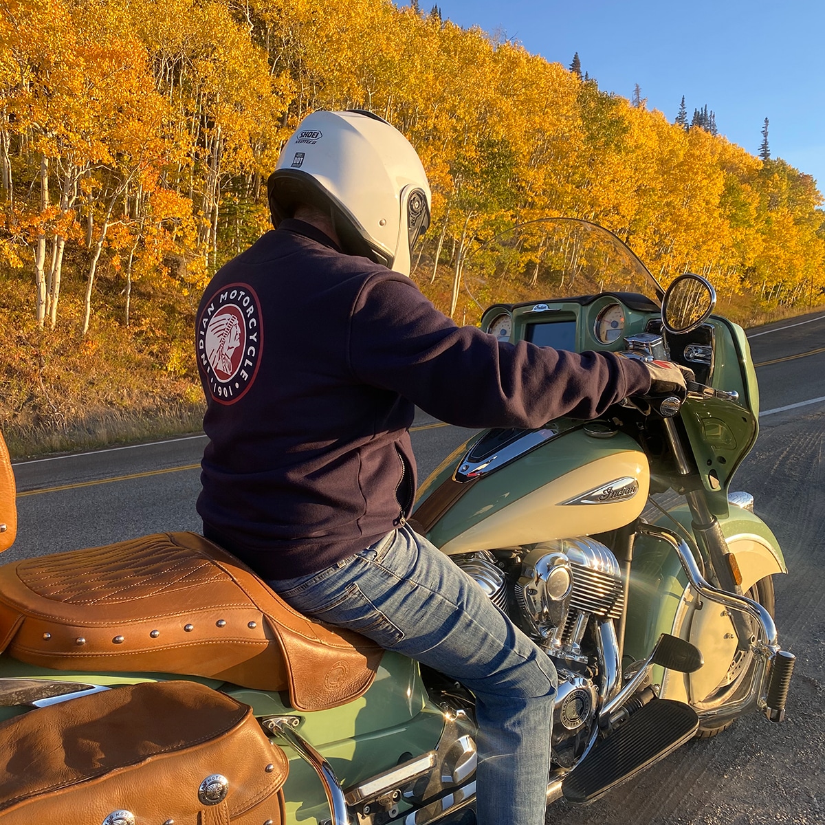 My husband Steve on our Motorcycle near Estes Park, Colorado in the fall.
