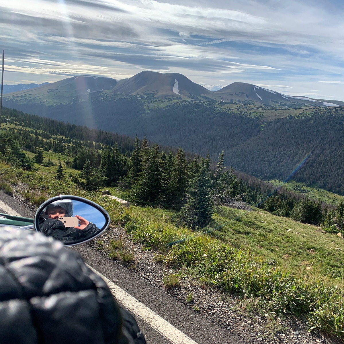 The view from our motorcycle while riding over Trail Ridge Road.