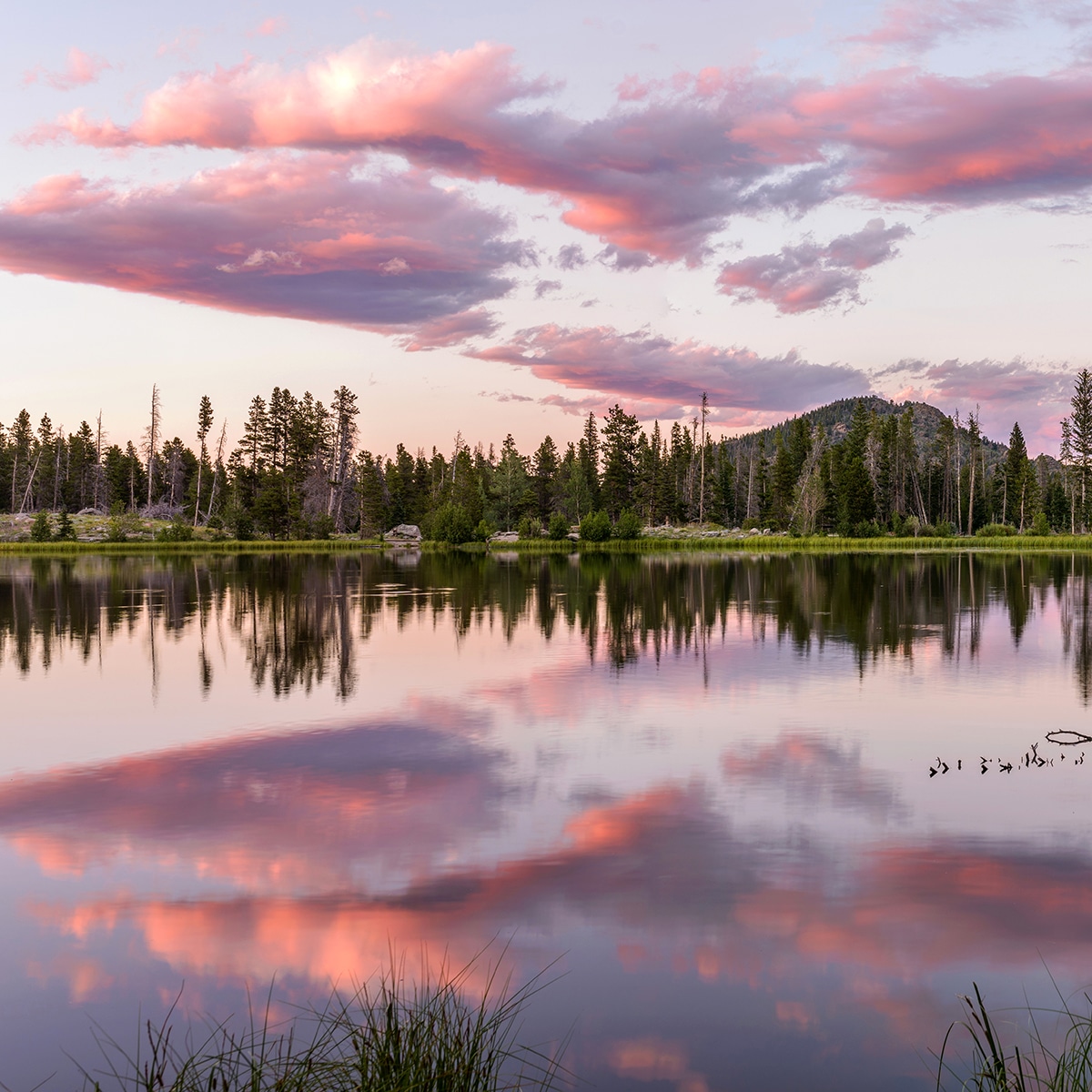 Sprague Lake in Rocky Mountain National Park at sunset.