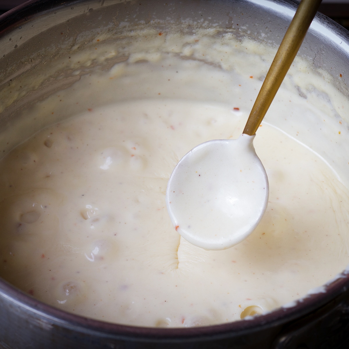 Lifting a spoon out of a saucepan of béchamel sauce to test how thick the sauce is.