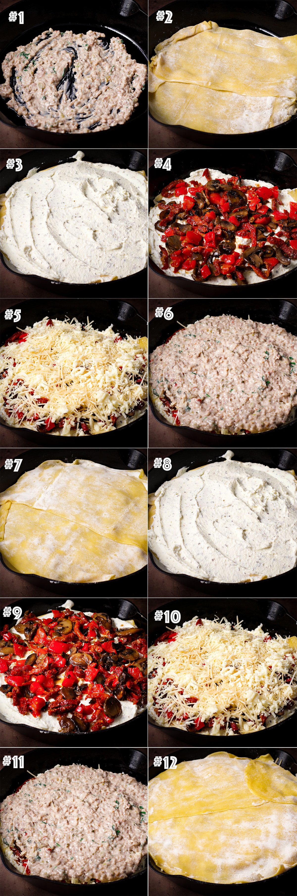 Step-by-step photos showing how to layer this vegetable lasagna in a cast iron skillet.