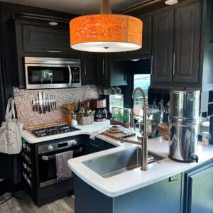 The tiny kitchen in our 5th wheel RV.