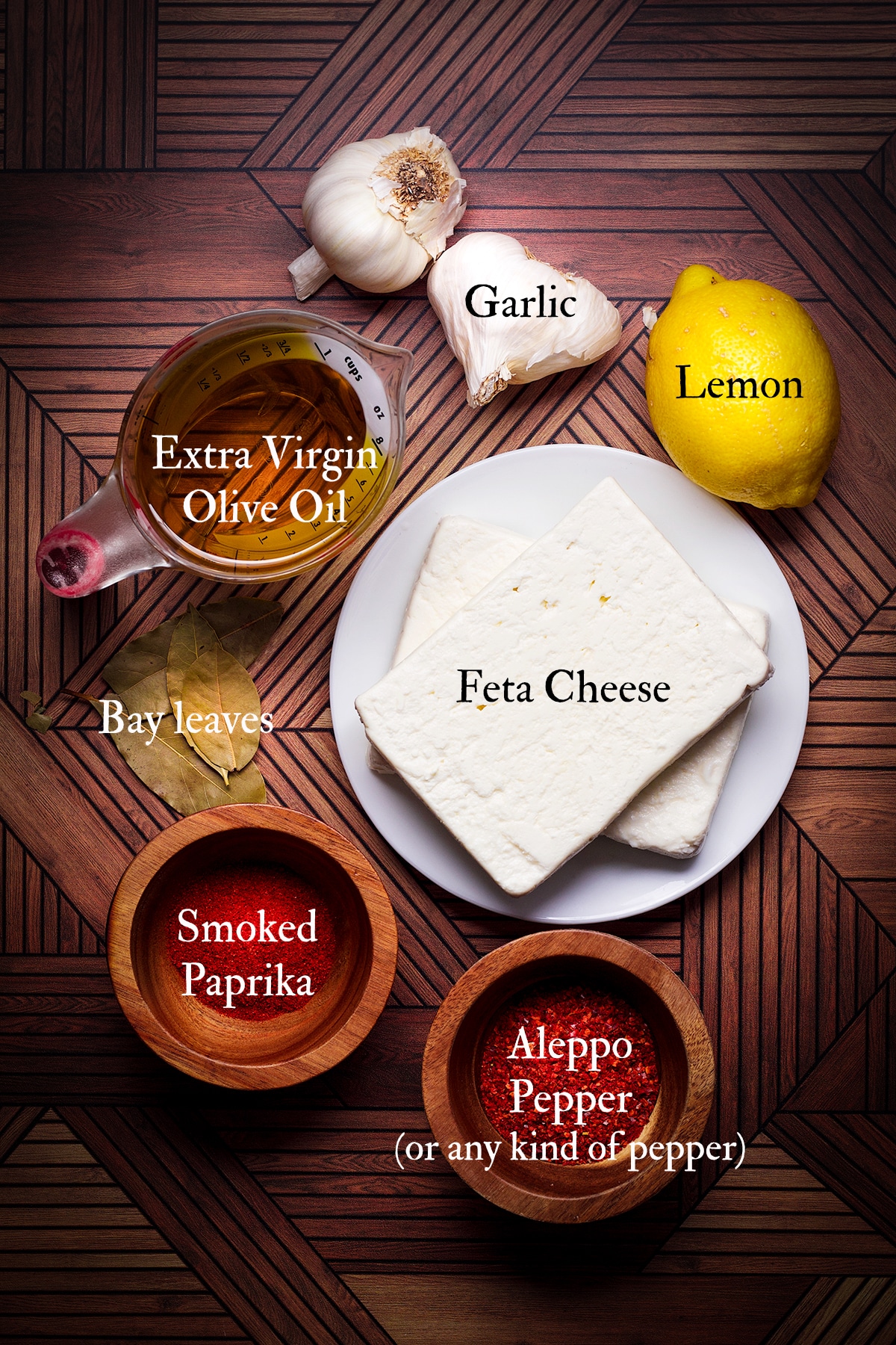 All the ingredients needed to prepare this recipe for marinated feta.