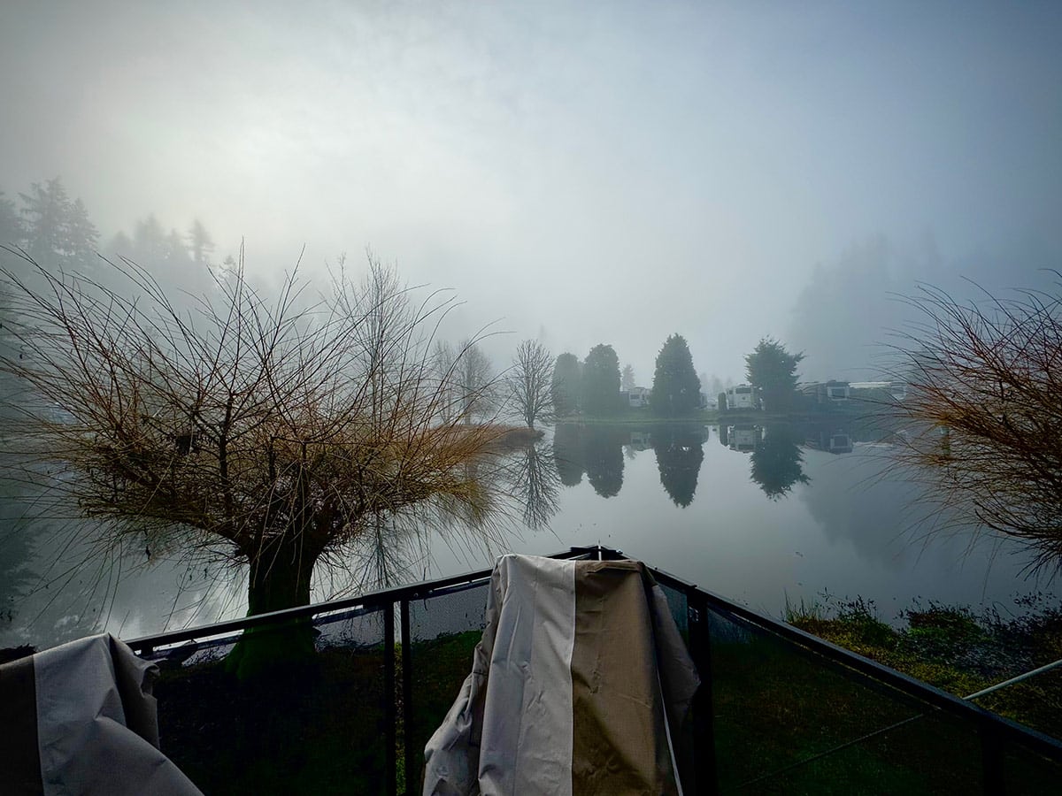 The view on a foggy day from the back deck of our 5th wheel toy hauler RV.